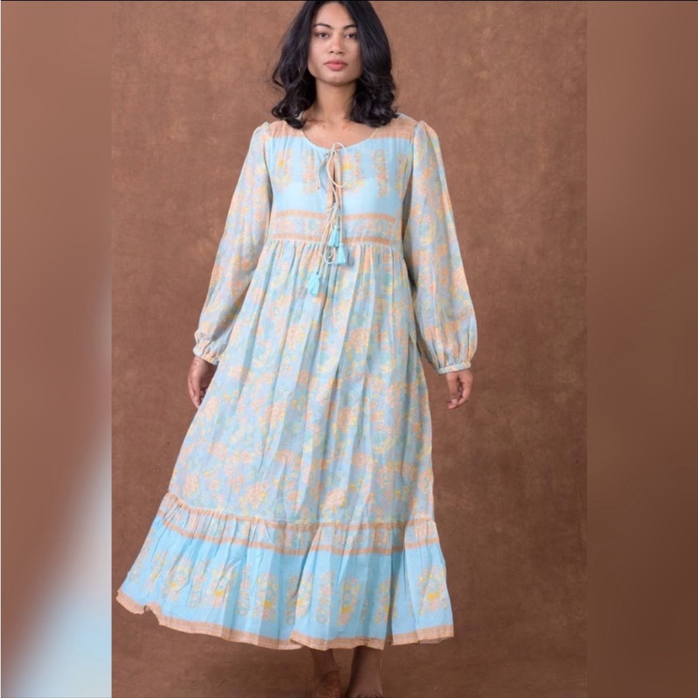 Light Blue RHEA Floral Maxi Dress with Peach Accents